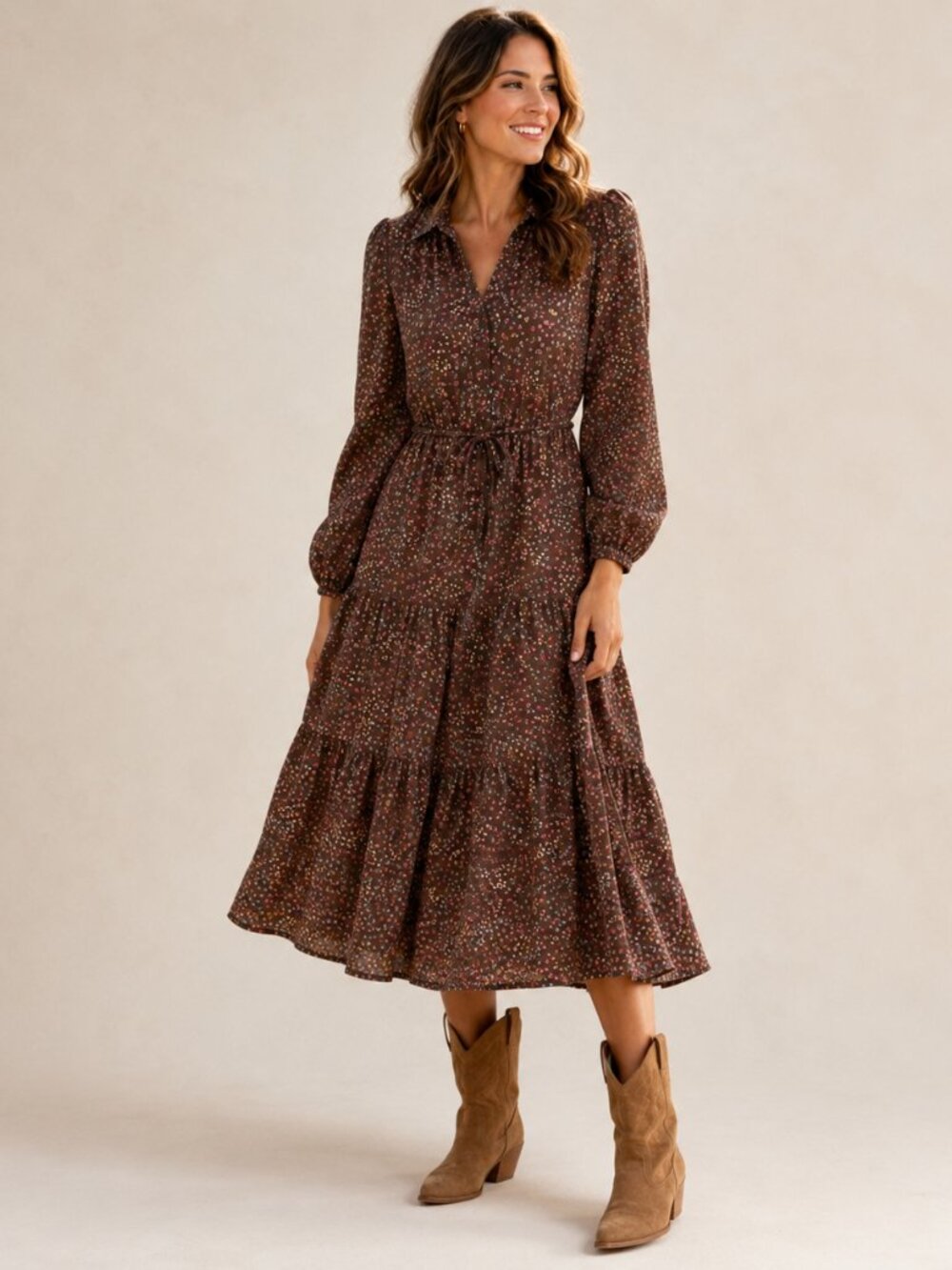 New Summersalt Countryside Poplin Floral Prairie Midi Dress Brown
